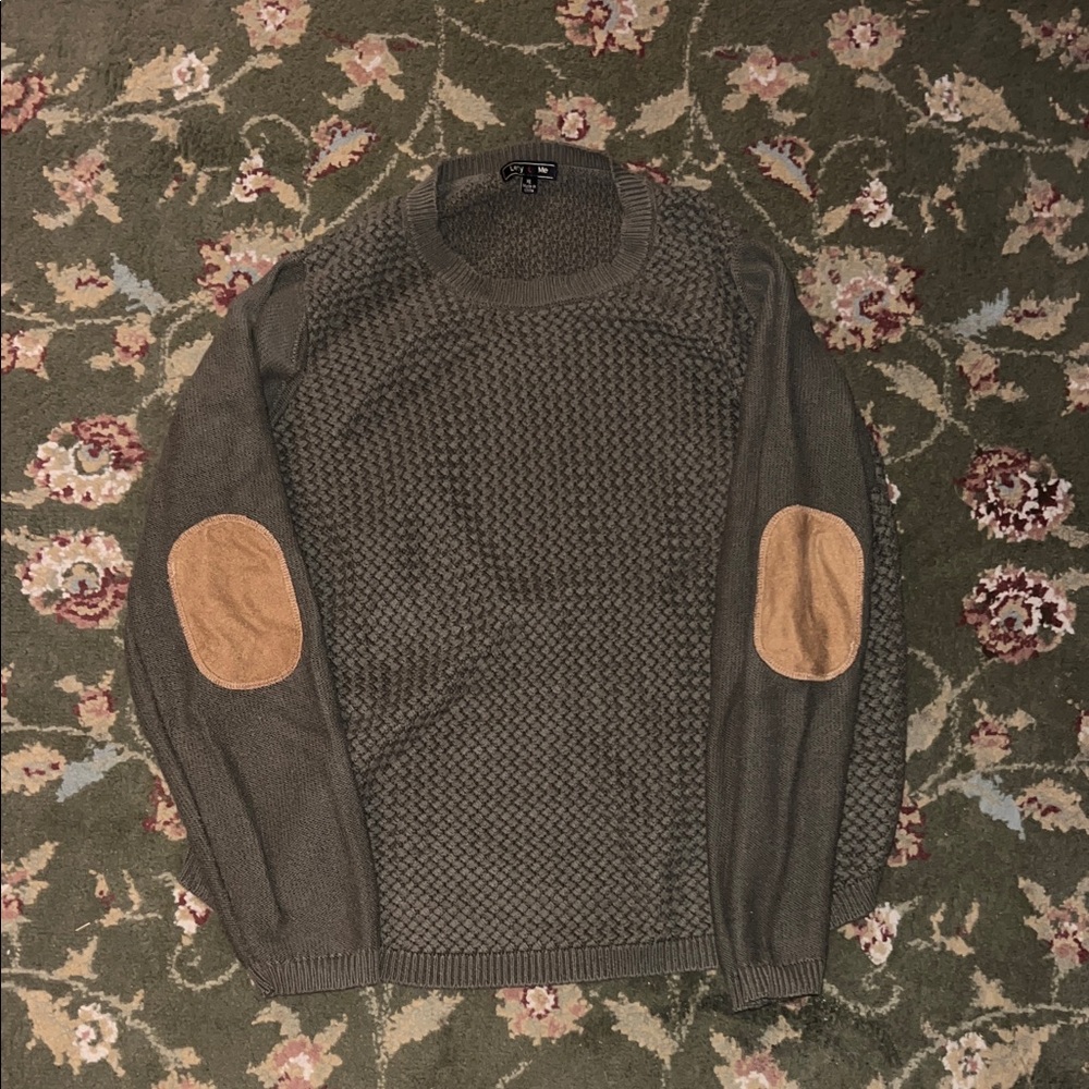 Women's Olive Green Crewneck Sweater with Tan Elbow Patches